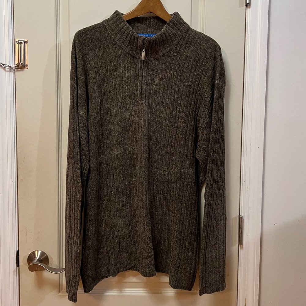 Michael Brandon Men's XL 65% Acrylic/35% Rayon L/S Qtr Zip Ribbed Sweater. Brown